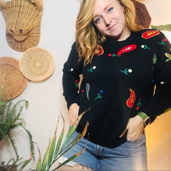 vintage 90s floral oversized black paisley sweater - Picture 2 of 2